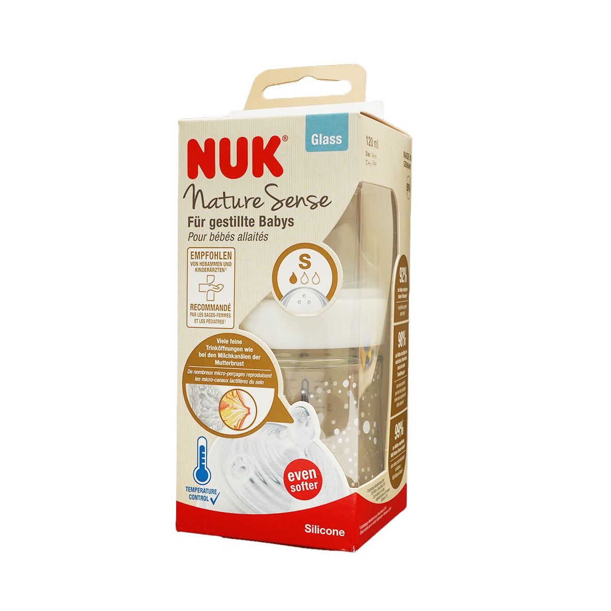 Nuk - ნუკი ბოთლი შუშის 120 მლ და სილიკონის საწოვარა 7550